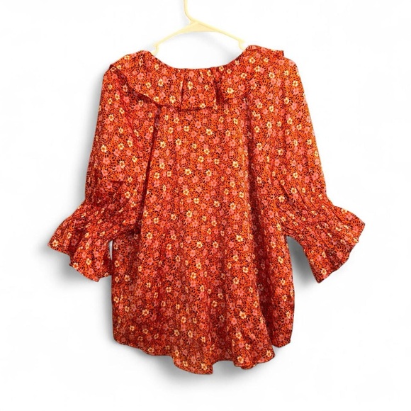 Ann Taylor Red Orange Floral Ruffle Blouse Womens size L - Picture 3 of 8